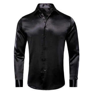 New Classic Black Satin Men's Silk Long Sleeve Shirt