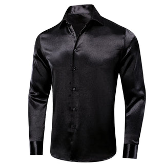 New Classic Black Satin Men's Silk Long Sleeve Shirt