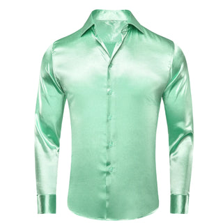 New Mint Green Satin Men's Silk Long Sleeve Shirt