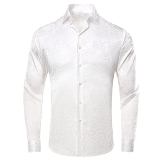 New White Floral Silk Men's Silk Long Sleeve Shirt