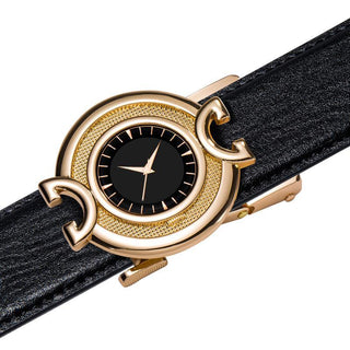 Golden Watch Design Buckle Black Genuine Leather Belt