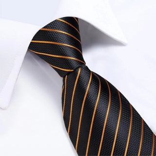 Gold Black Striped Silk Necktie Pocket Square Cufflinks Set