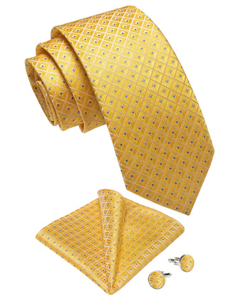 Golden Yellow Paisley Silk Necktie Pocket Square Cufflinks Set