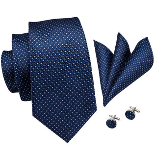Navy Blue Dot Striped Silk Necktie Pocket Square Cufflinks Set
