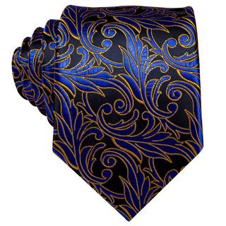 Navy Blue Gold Floral Silk Necktie Pocket Square Cufflinks Set