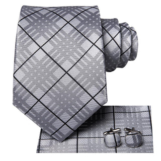 Silver Black Plaid Silk Necktie Pocket Square Cufflinks Set