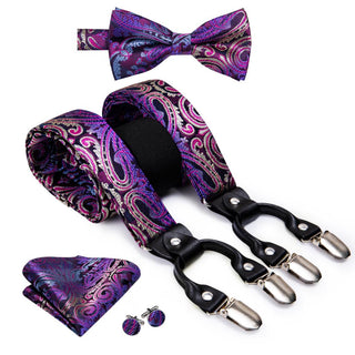 Shining Purple Paisley Brace Clip-on Men's Suspenders with Bow Tie Set
