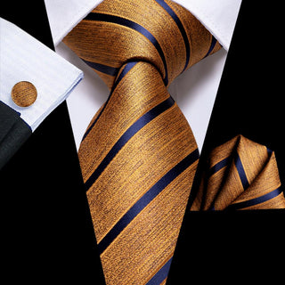 Orange Navy Blue Striped Silk Necktie Pocket Square Cufflinks Set