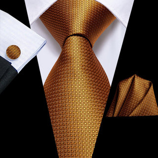 Solid Gold Orange Silk Men's Necktie Pocket Square Cufflinks Set