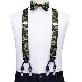 Green Brown Floral Brace Clip-on Men's Suspender with Bow Tie Set