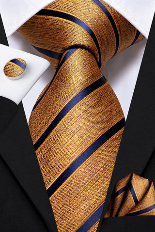 Orange Navy Blue Striped Silk Necktie Pocket Square Cufflinks Set
