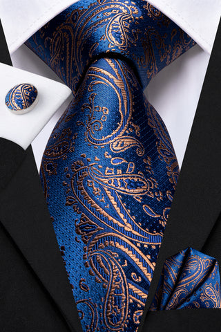 Gold Navy Blue Paisley Silk Men's Necktie Pocket Square Cufflinks Set
