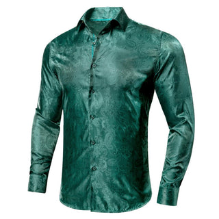 Dark Green Paisley Silk Long Sleeve Shirt