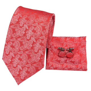 Red Paisley Silk Necktie Pocket Square Cufflinks Set