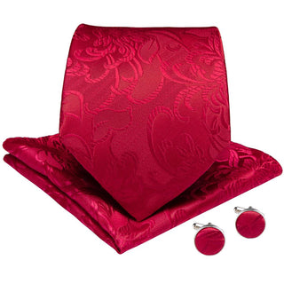 Solid Red Floral Silk Necktie Pocket Square Cufflinks Set