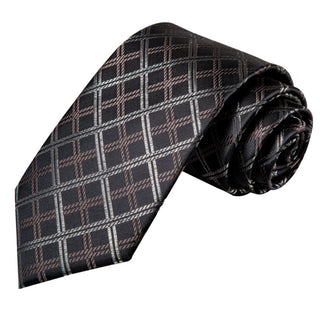 Black Brown Plaid Silk Necktie Pocket Square Cufflinks Set