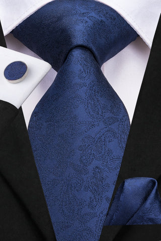 Solid Blue Paisley Silk Necktie Pocket Square Cufflinks Set