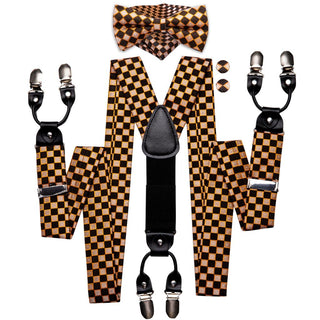 Brown Squared Brace Clip-on Men's Suspender with Bow Tie Set