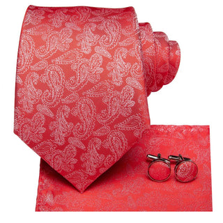 Red Paisley Silk Necktie Pocket Square Cufflinks Set