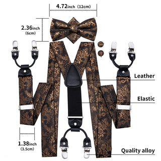 Luxury Brown Floral Brace Clip-on Men's Suspender with Bow Tie Set