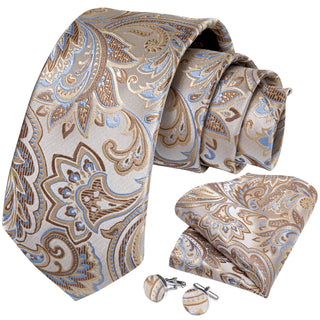 Cream Blue Paisley Silk Necktie Pocket Square Cufflinks Set