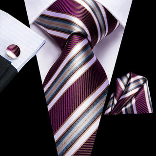 Purple White Striped Silk Necktie Pocket Square Cufflinks Set