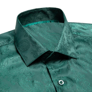 Dark Green Paisley Silk Long Sleeve Shirt