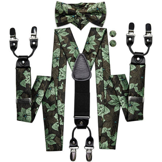 Green Brown Floral Brace Clip-on Men's Suspender with Bow Tie Set