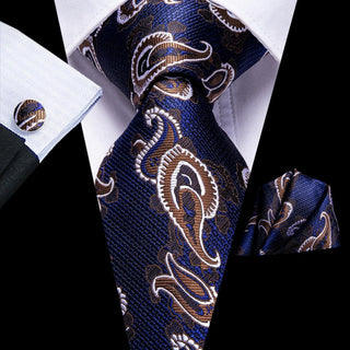 Navy Blue Brown Paisley Silk Necktie Pocket Square Cufflinks Set