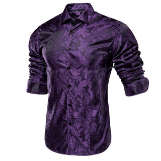 Purple Black Paisley Floral Long Sleeve Silk Shirt
