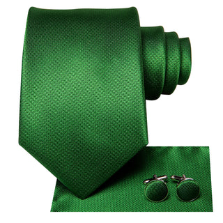 Solid Green Silk Necktie Pocket Square Cufflinks Set