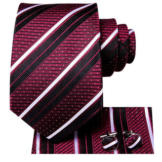 Burgundy Black Striped Silk Necktie Pocket Square Cufflinks Set