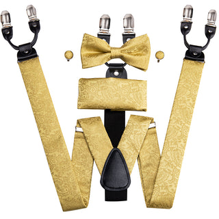 Golden Yellow Paisley Brace Clip-on Men's Suspenders with Bow Tie Set