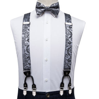 Silver Grey Paisley Brace Clip-on Men's Suspenders with Bow Tie Set