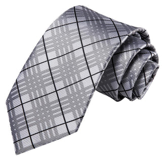 Silver Black Plaid Silk Necktie Pocket Square Cufflinks Set