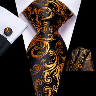 Black Gold Floral Silk Necktie Pocket Square Cufflinks Set