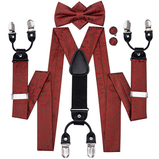 Red Paisley Brace Clip-on Men's Suspenders with Bow Tie Set