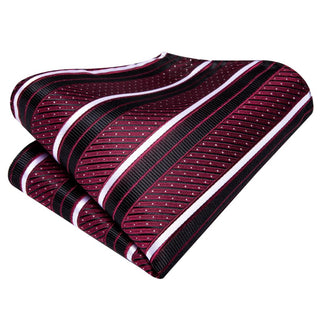 Burgundy Black Striped Silk Necktie Pocket Square Cufflinks Set