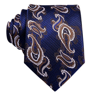 Navy Blue Brown Paisley Silk Necktie Pocket Square Cufflinks Set