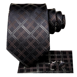 Black Brown Plaid Silk Necktie Pocket Square Cufflinks Set