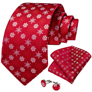 Red Snowflake Christmas Silk Necktie Pocket Square Cufflinks Set