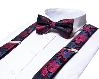 Red Blue Floral Paisley Brace Clip-on Men's Suspenders with Bow Tie Set