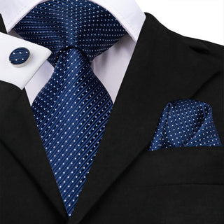 Navy Blue Dot Striped Silk Necktie Pocket Square Cufflinks Set