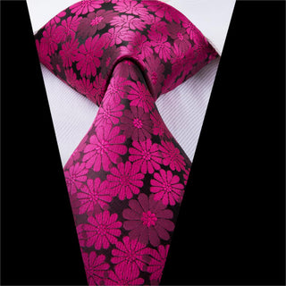 Red Floral Jacquard Silk Necktie Pocket Square Cufflinks Set