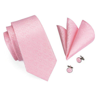 Classic Popular Floral Pink Silk Necktie Pocket Square Cufflinks Set