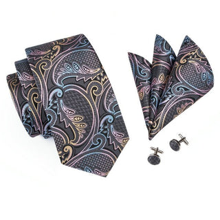 Dark Grey Paisley Silk Necktie Pocket Square Cufflinks Set