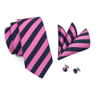 Pink Classic Black Striped Silk Necktie Pocket Square Cufflinks Set
