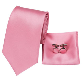 Solid Coral Pink Silk Necktie Pocket Square Cufflinks Set