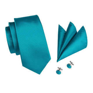Plain Blue Novelty Pattern Silk Necktie Pocket Square Cufflinks Set