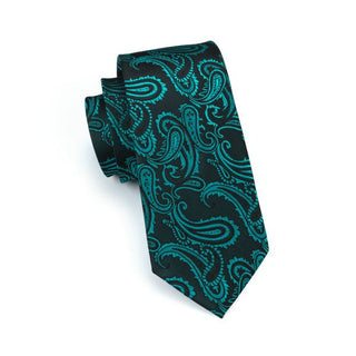 Luxury Green Paisley Silk Necktie Pocket Square Cufflinks Set